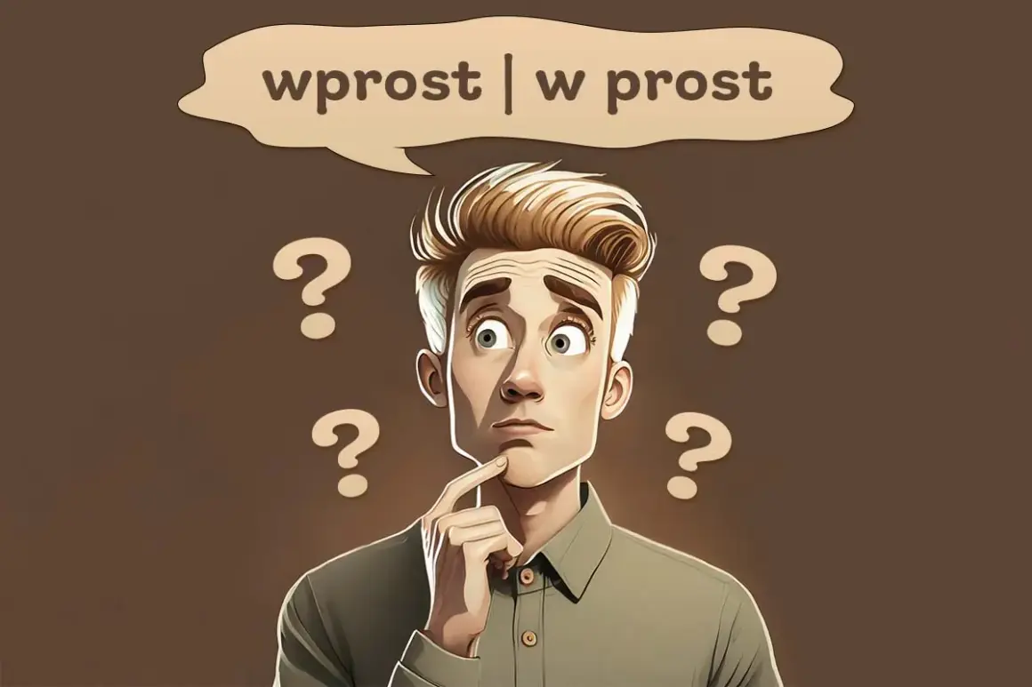 Zastanawiający mężczyzna otoczony znakami zapytania, myślący, czy napisać "wprost" czy "w prost".
