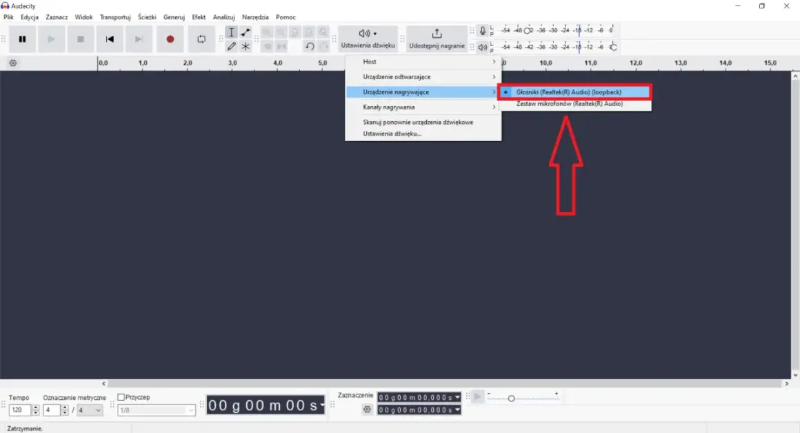 Audacity po polsku: wybór urządzenia nagrywającego - Głośniki (Realtek Audio) (loopback).