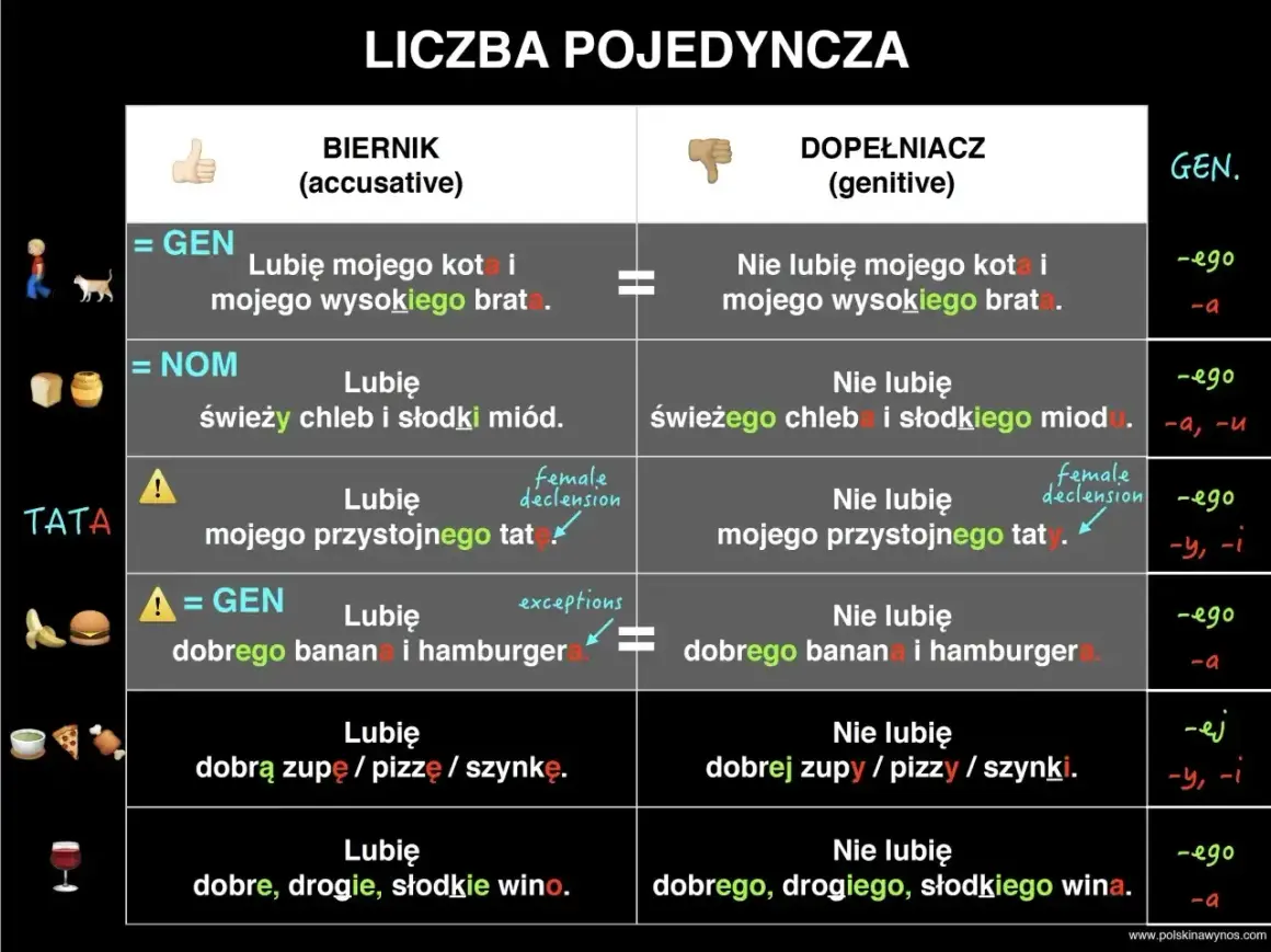 Tabela porównuje przypadki biernik i dopełniacz w liczbie pojedynczej, pokazując użycie przyimków i odmianę rzeczowników.