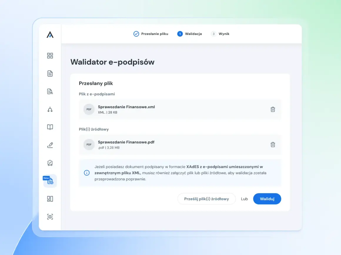 Walidacja e-podpisów: przesłano plik XML i PDF. Kliknij "Waliduj", aby sprawdzić poprawność dokumentów.