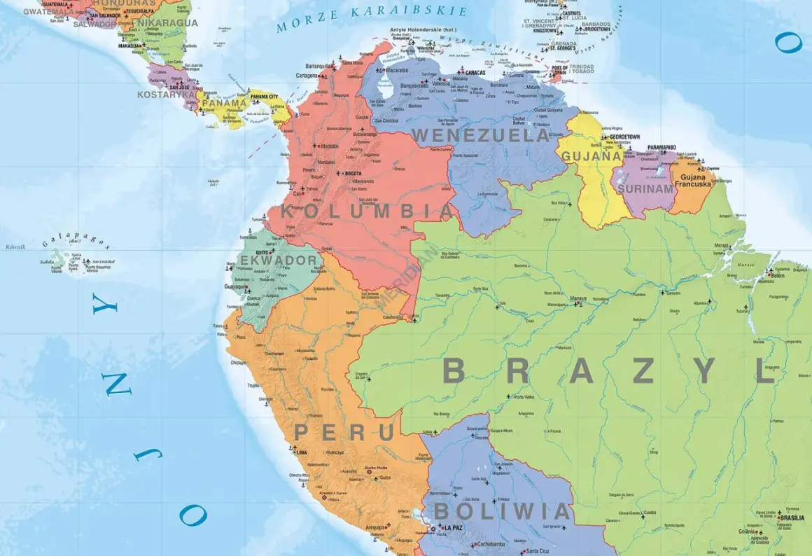 Mapa polityczna Ameryka Południowa kraje: Brazylia, Peru, Kolumbia, Wenezuela, Ekwador, Boliwia, Gujana, Surinam, Gujana Francuska.
