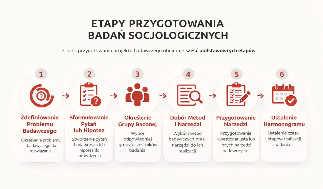 Schemat sześciu etapów przygotowania badań socjologicznych: od definicji problemu, przez dobór metod i narzędzi, po ustalenie harmonogramu.
