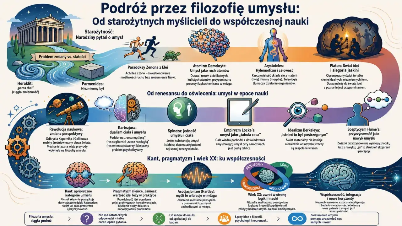 Podróż przez filozofię umysłu: od starożytności do nauki, ukazująca ewolucję myśli o świadomości i poznaniu. Fenomenologia jako klucz do zrozumienia.