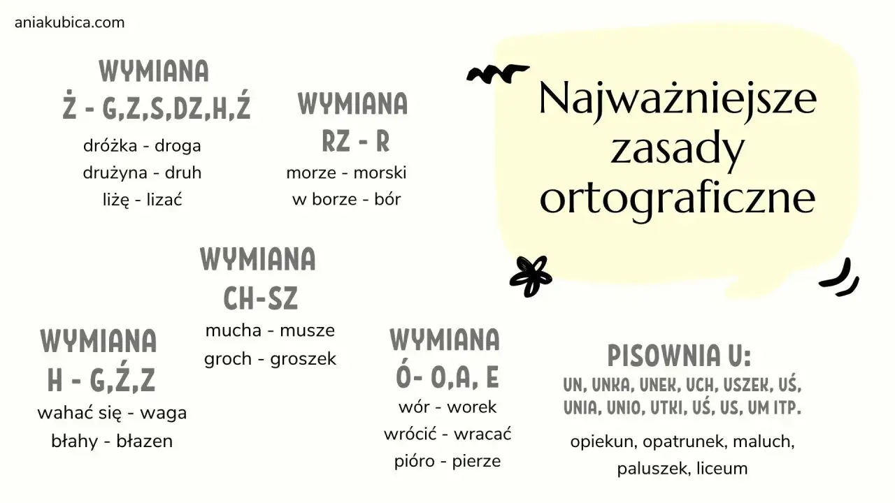 Najważniejsze zasady ortograficzne: wymiany głosek, np.