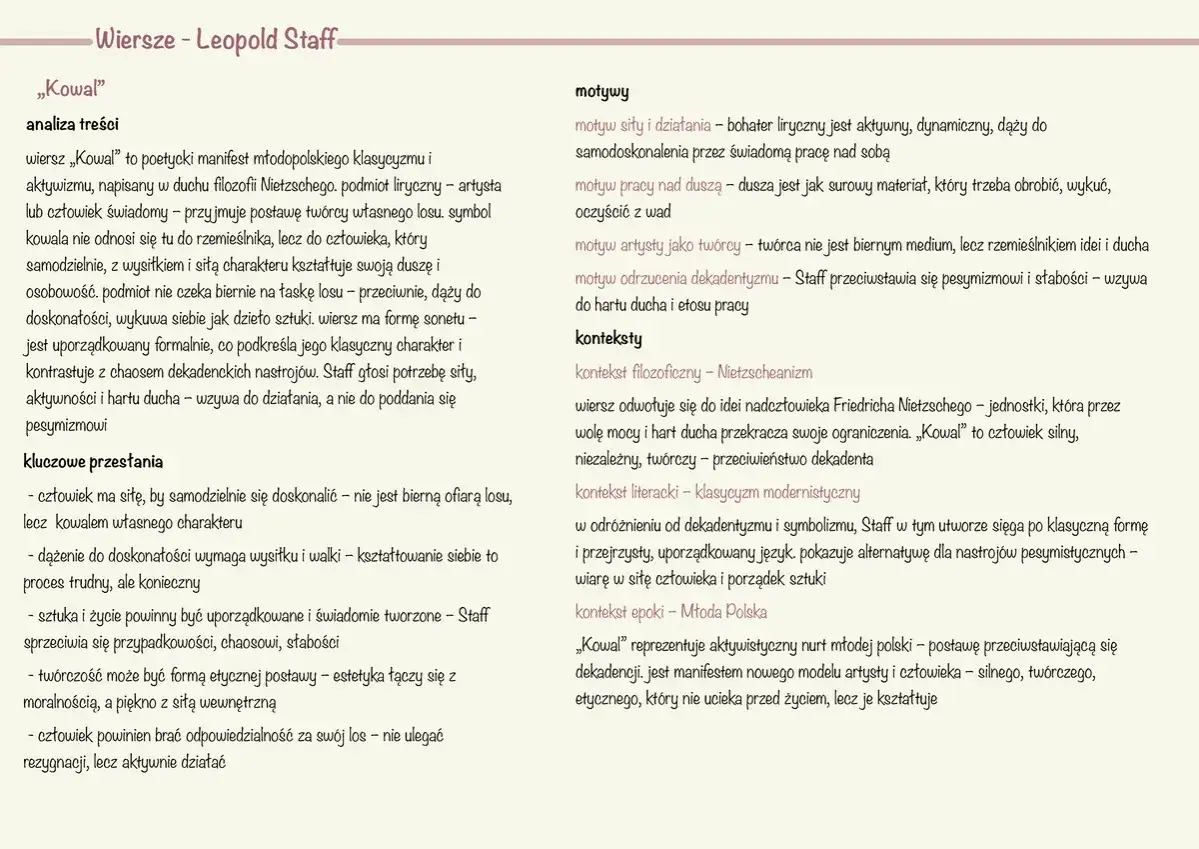 Analiza wiersza „Kowal” Staffa, manifestu klasycyzmu i aktywizmu, inspirowanego filozofią Nietzschego. Podmiot liryczny to artysta kształtujący swój los, przeciwieństwo dekadenta.