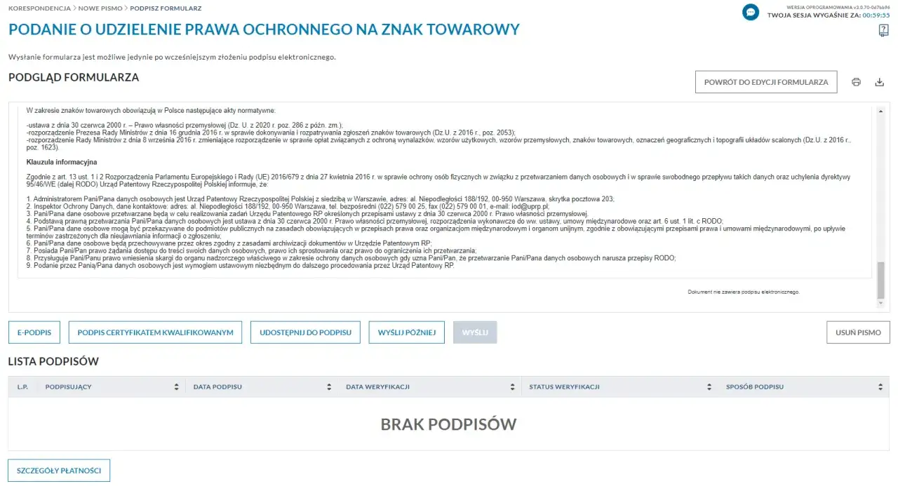 Podanie o udzielenie prawa ochronnego na znak towarowy. Dokument nie zawiera podpisu elektronicznego, co jest kluczowe dla tego patentu.