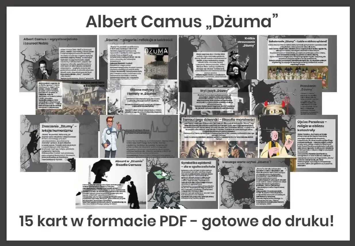 Bohaterowie „Dżumy” to ludzie w obliczu epidemii: doktor Rieux, Tarrou, ojciec Paneloux. Ich postawy ukazują walkę z losem i ludzką kondycję.
