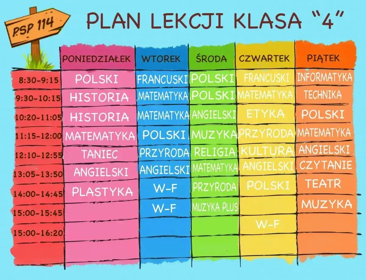 Plan lekcji klasy 4. W poniedziałek polski, historia, matematyka, taniec, angielski, plastyka. Wtorek: francuski, matematyka, polski, przyroda, angielski, WF. Środa: polski, matematyka, angielski, muzyka, religia, przyroda, muzyka plus. Czwartek: franc...