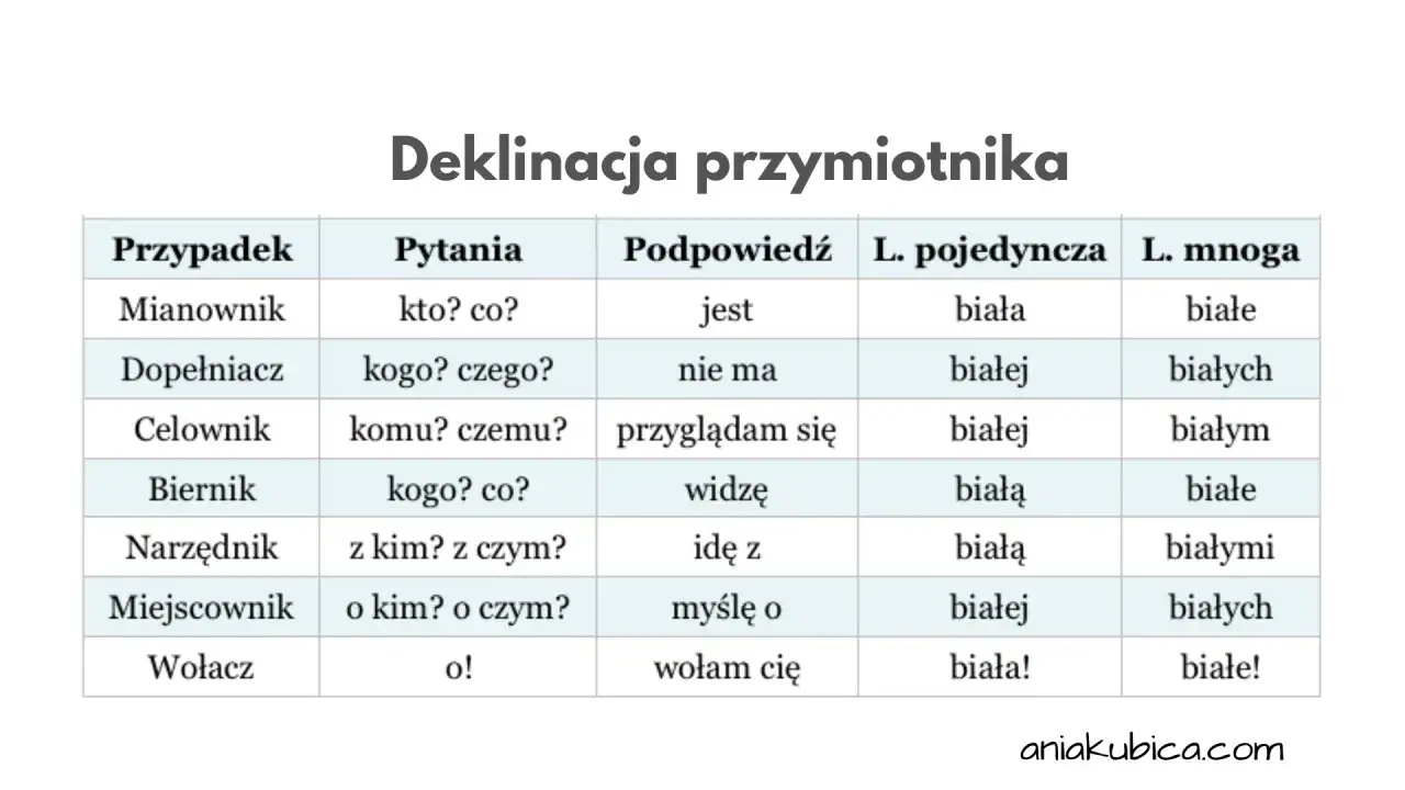 Tabela pokazuje, na co odpowiada przymiotnik w różnych przypadkach: Mianownik (kto? co?), Dopełniacz (kogo? czego?), Celownik (komu? czemu?), Biernik (kogo? co?), Narzędnik (z kim? z czym?), Miejscownik (o kim? o czym?), Wołacz (o!).