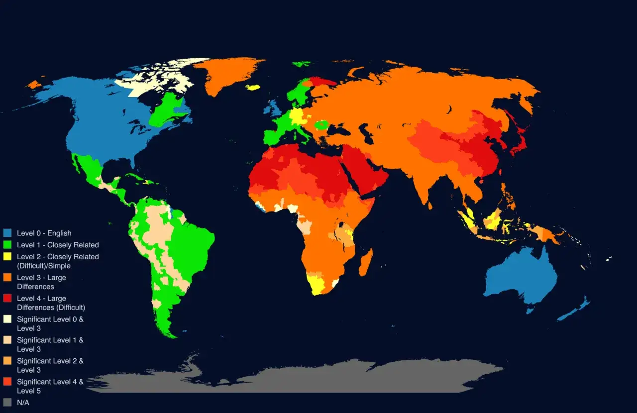 Mapa świata pokazująca trudność nauki języków. Kolory oznaczają poziomy trudności, od angielskiego (niebieski) po najtrudniejsze języki świata (czerwony).