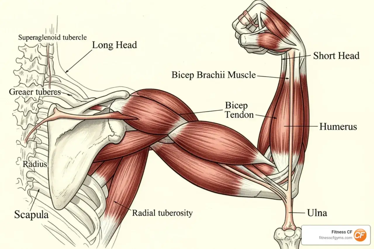 Anatomia ramienia z widocznym mięśniem dwugłowym (biceps), jego głowami i ścięgnem.