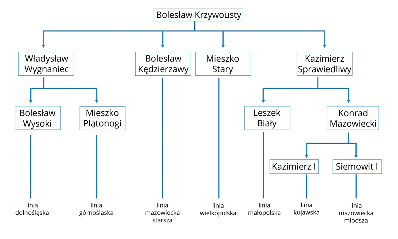 Drzewo genealogiczne przedstawiające rozbicie dzielnicowe Polski po śmierci Bolesława Krzywoustego i jego potomków.