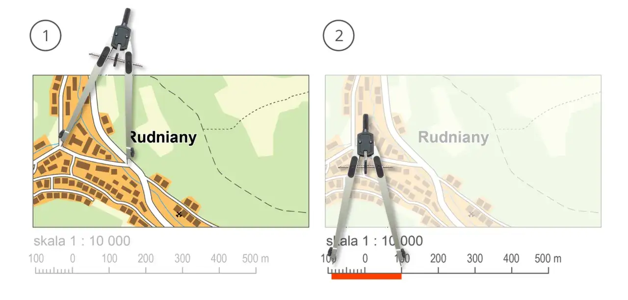 Dwa fragmenty mapy z miejscowością Rudniany. Cyrkiel mierzy odległość na mapie, pokazując skalę 1:10 000.