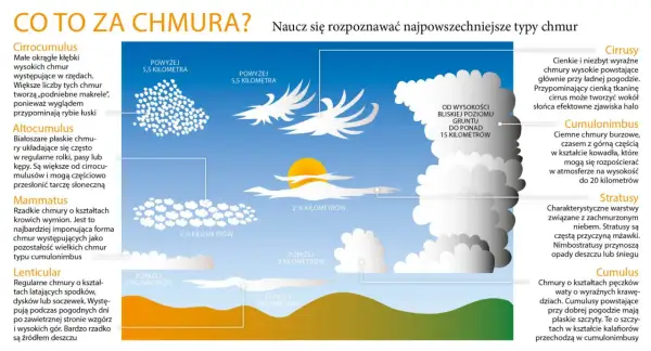 Ilustracja przedstawia różne rodzaje chmur, od wysokich cirrusów po burzowe cumulonimbusy, pomagając rozpoznać typy chmur.