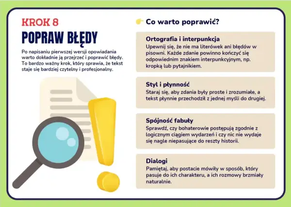 Grafika pokazuje lupę, wykrzyknik i tekst o poprawianiu błędów w artykule. Kluczowe wskazówki: ortografia, styl, spójność i dialogi.