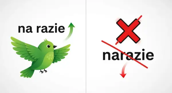 Zielony ptaszek leci w górę z napisem "na razie". Obok czerwony krzyżyk przekreśla "narazie".