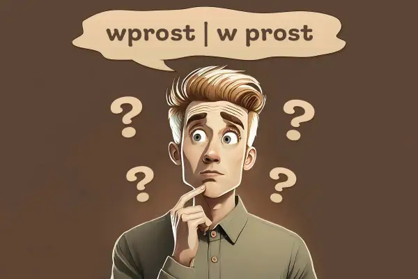 Zastanawiający mężczyzna otoczony znakami zapytania, myślący, czy napisać "wprost" czy "w prost".