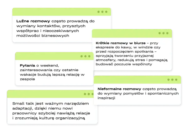 Luźne rozmowy, pytania o weekend i small talk budują relacje i sprzyjają wymianie pomysłów. Komentarze te podkreślają znaczenie nieformalnych rozmów w pracy.
