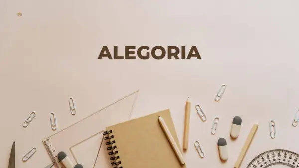 Szkolne przybory, jak ołówki i linijki, tworzą tło dla napisu "ALEGORIA". To wizualna alegoria nauki i kreatywności.
