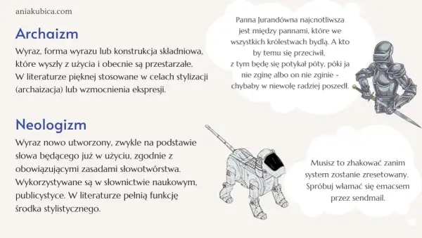 Neologizm – nowy wyraz, jak robot na obrazku, który może stać się częścią języka. Archaizm to coś z przeszłości, jak rycerz.